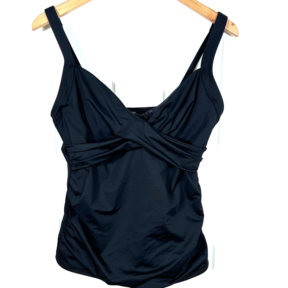 Lands' End Bathing Suit Top Size 10 Black V-Neck Wrap Underwire Tankini Top